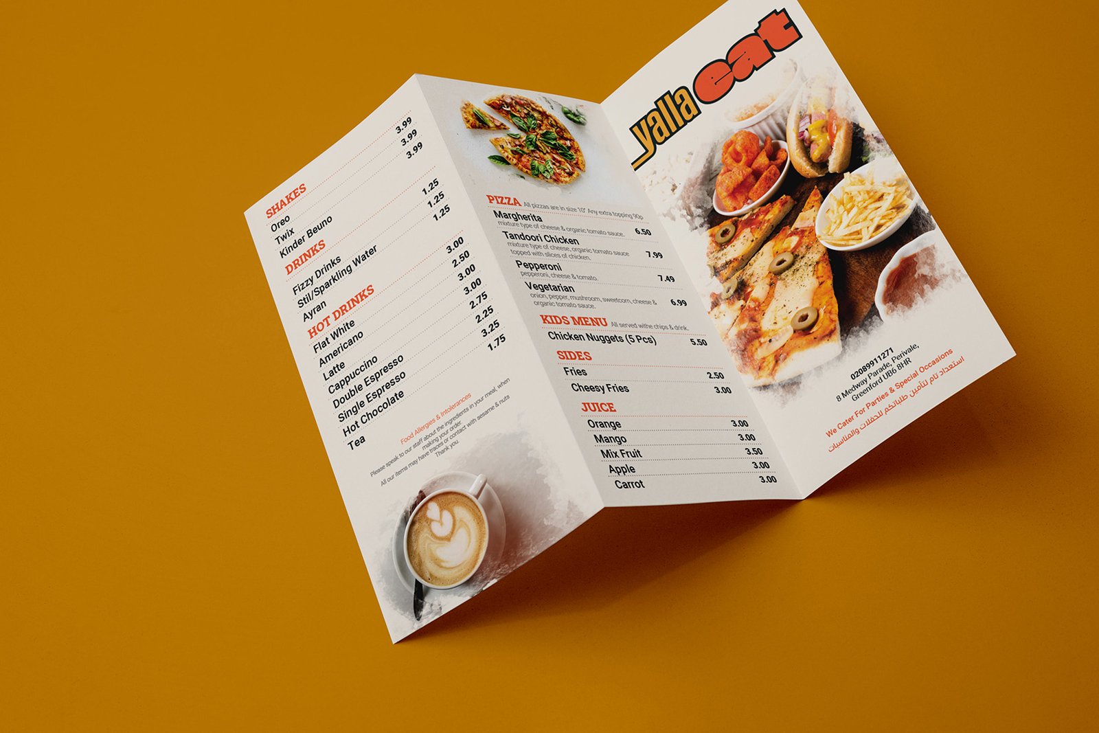 Folded fast-food menu design with food categories and prices