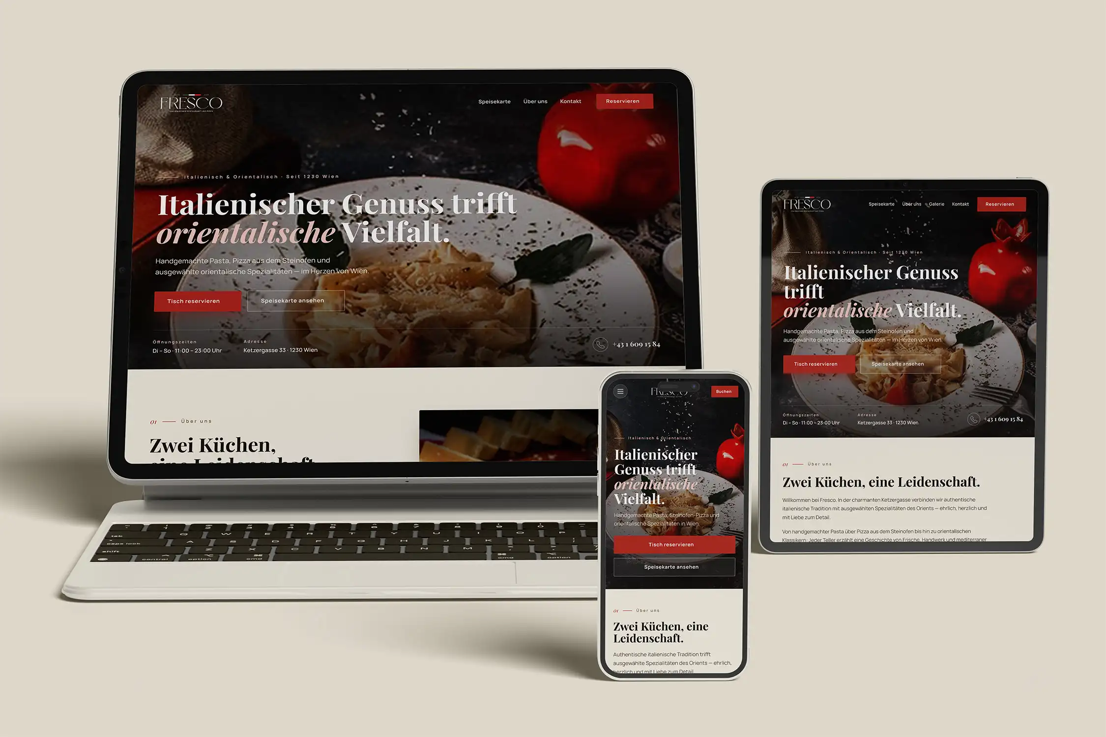Fresco restaurant website displayed responsively on laptop, tablet, and smartphone