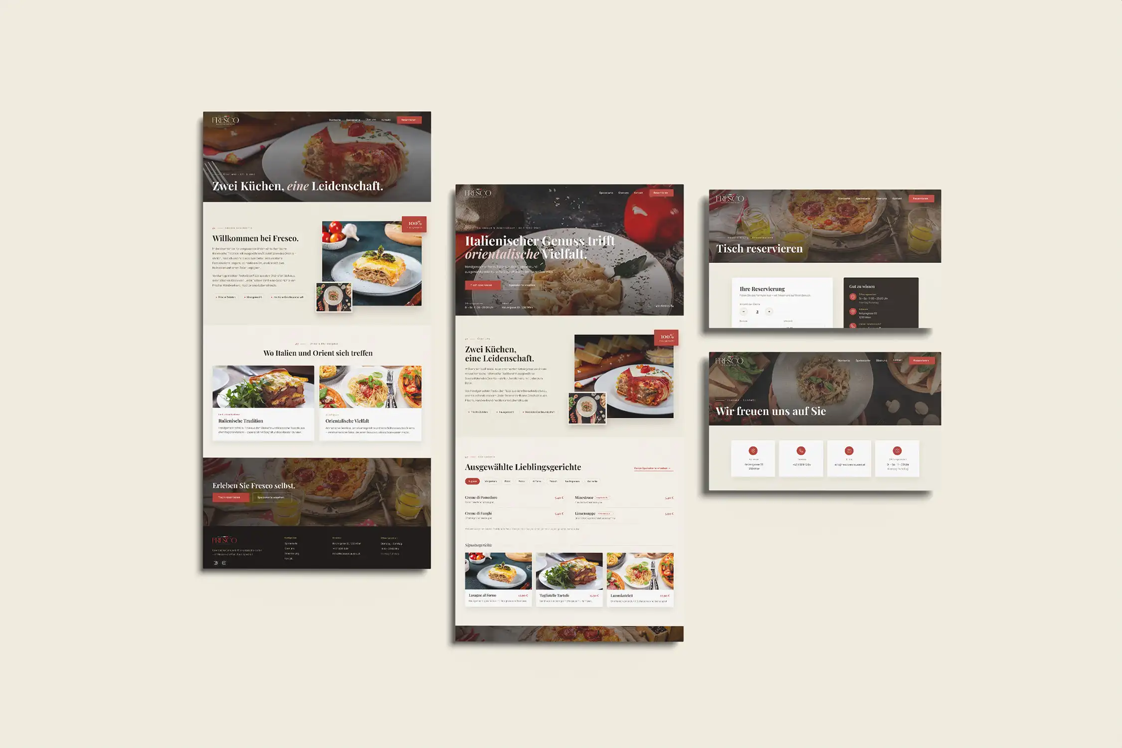 Multi-page website design for Fresco restaurant with homepage, about, reservation, and contact pages