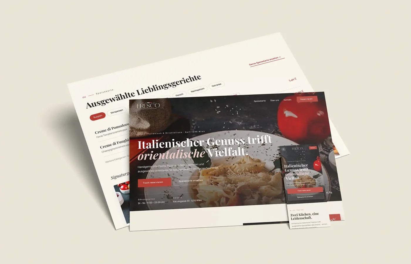 Responsive Fresco restaurant website design displayed on desktop and mobile layouts