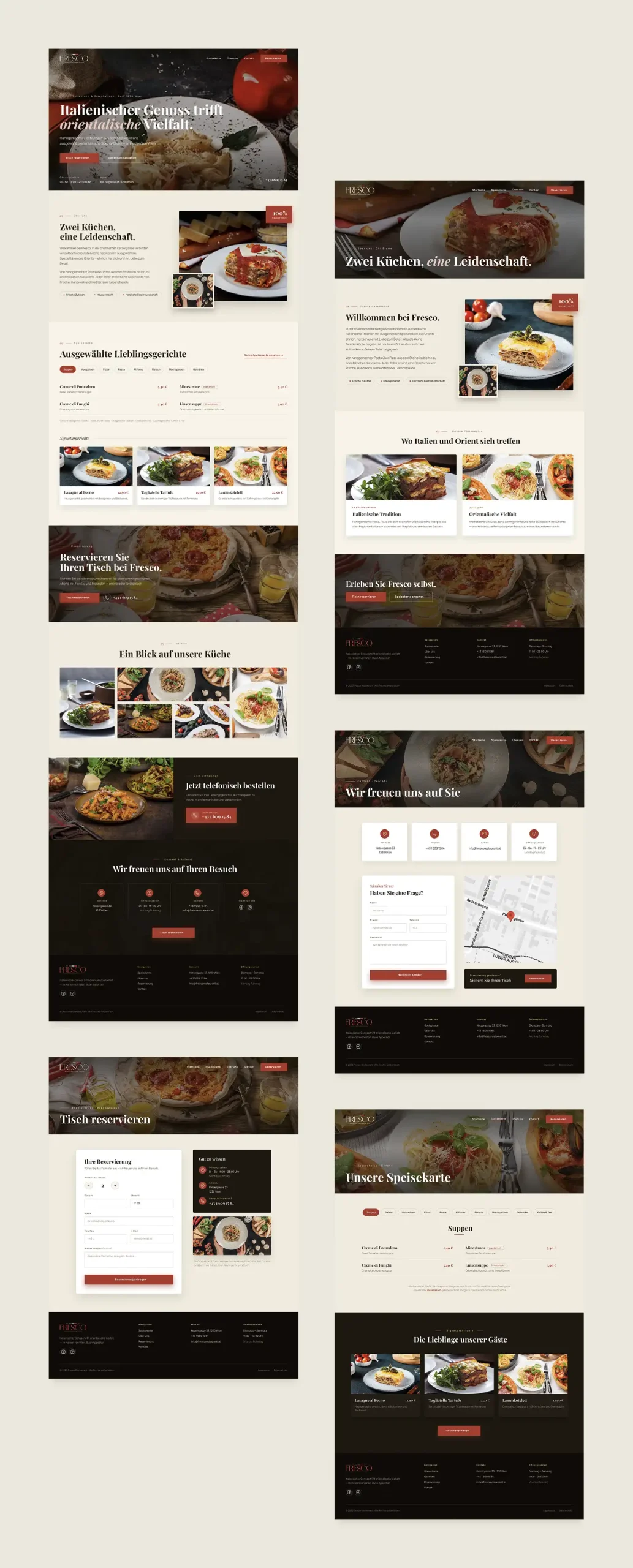 Complete collection of Fresco restaurant website pages including home, menu, contact, and reservation