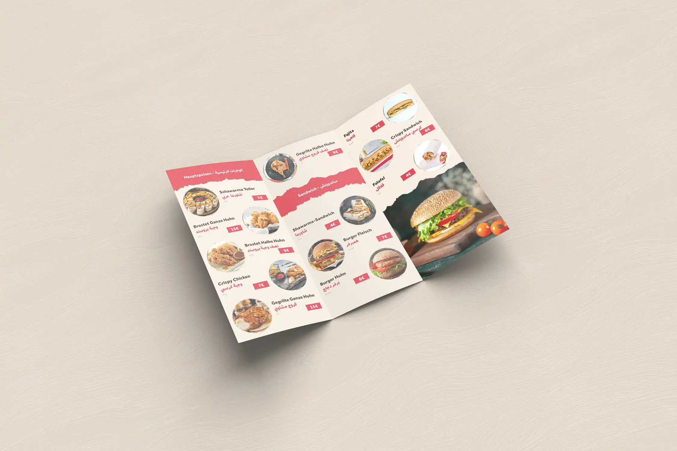 Fulla Restaurant menu interior with main dishes and sandwich categories