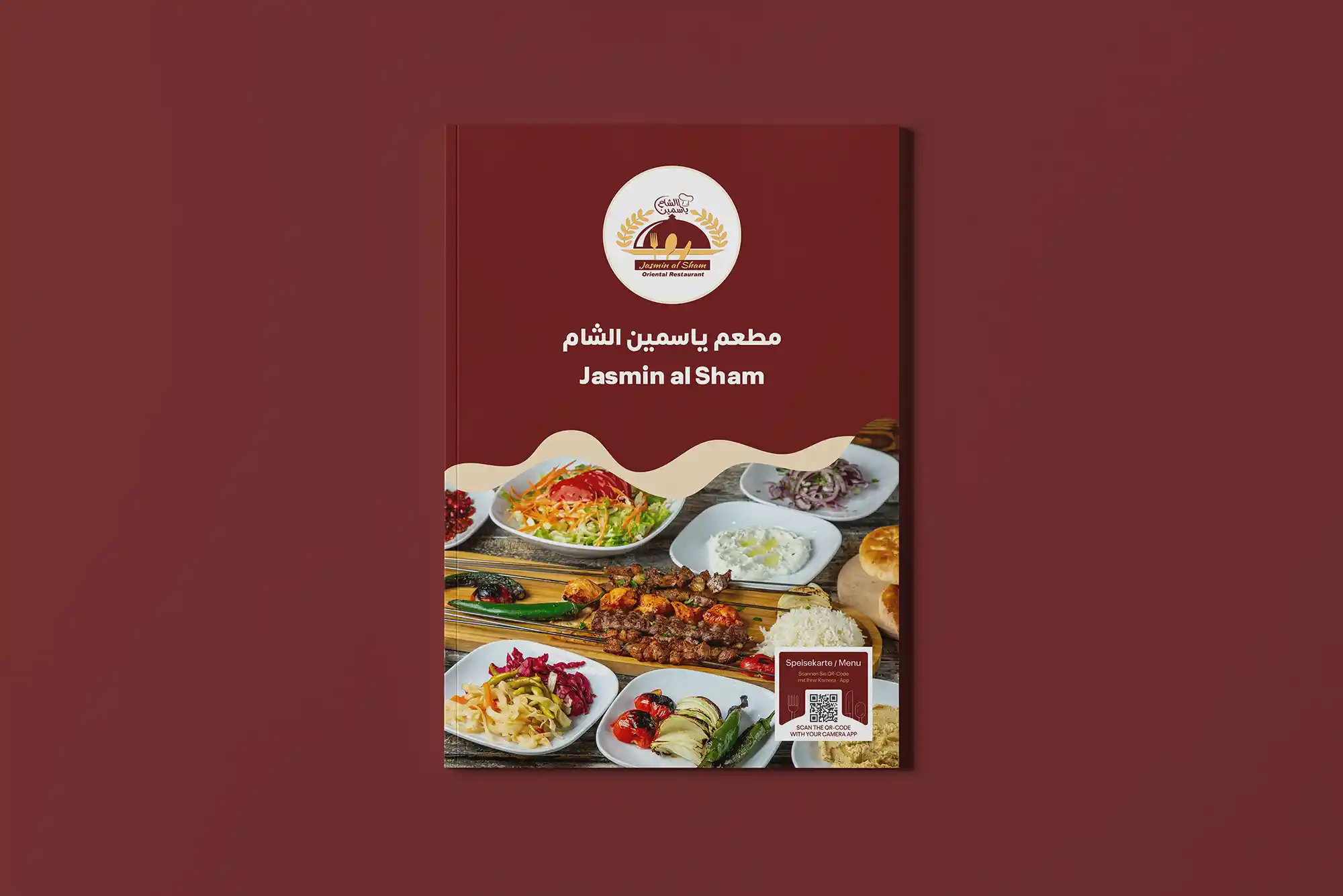 Jasmin al Sham restaurant menu cover with food imagery and QR code