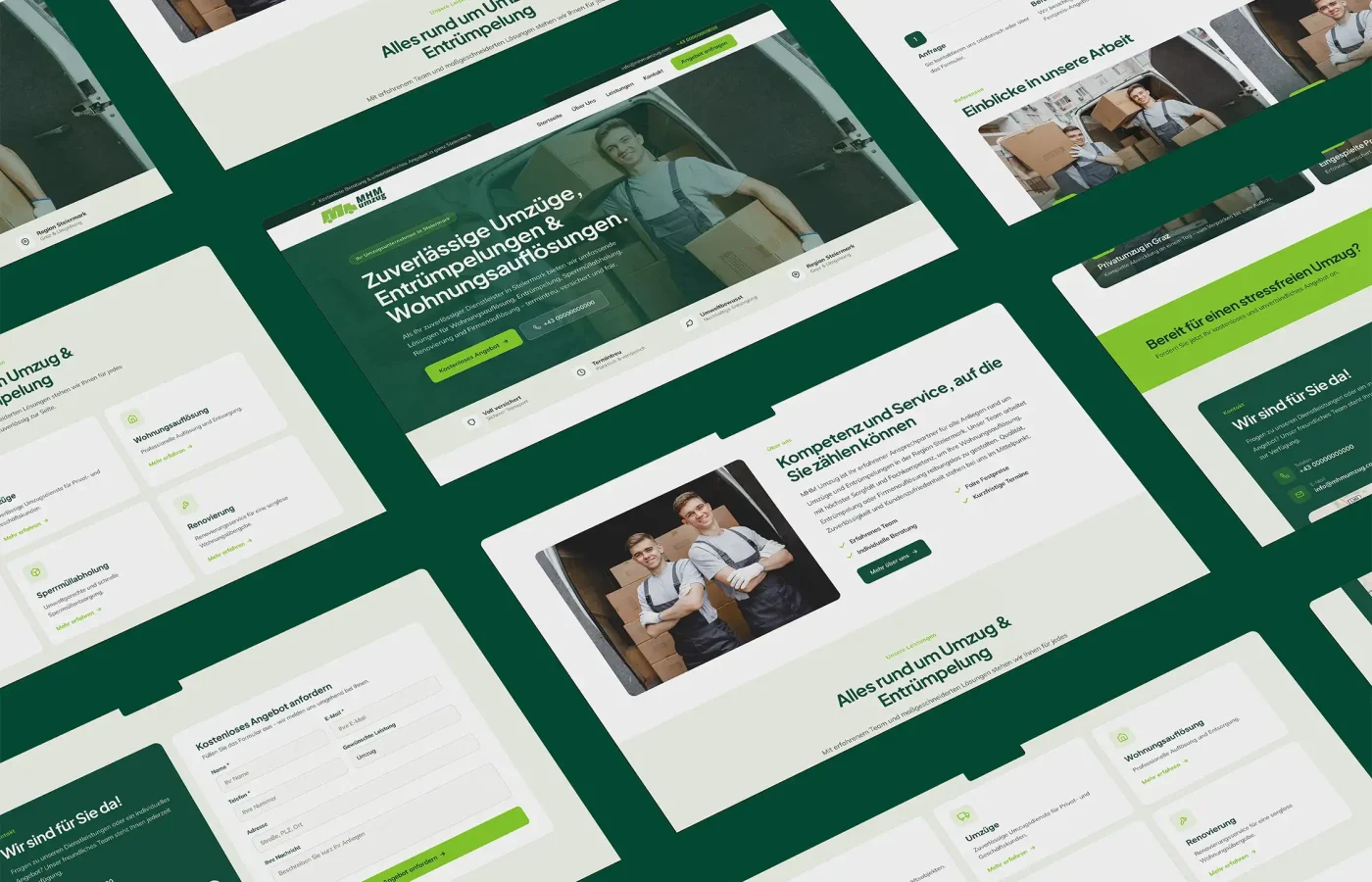 MHM Umzug website interface system with homepage services and contact sections