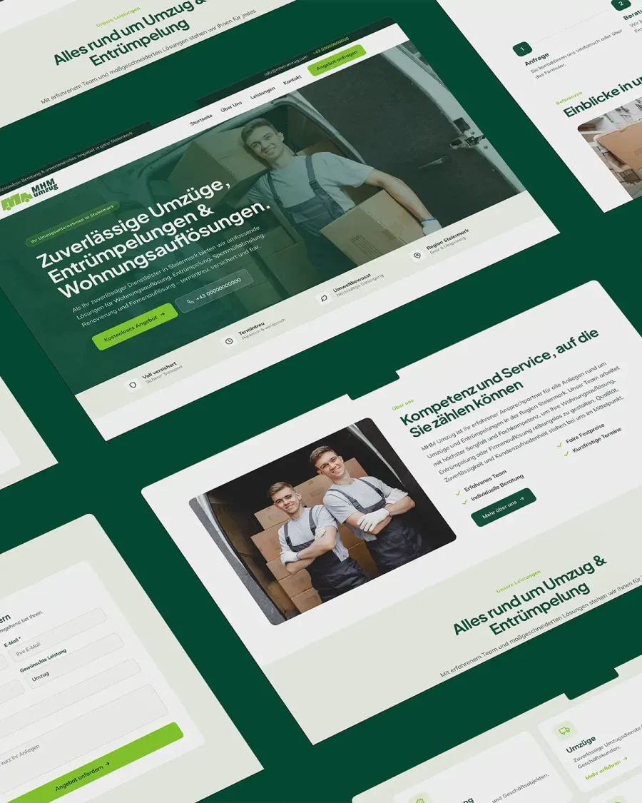 MHM Umzug website interface system with homepage services and contact sections