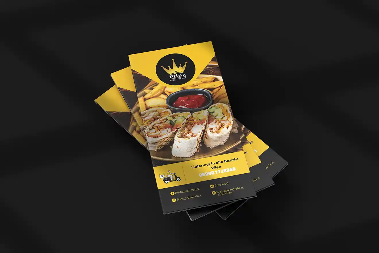 Stacked Prinz Schawarma folded menu cover mockup