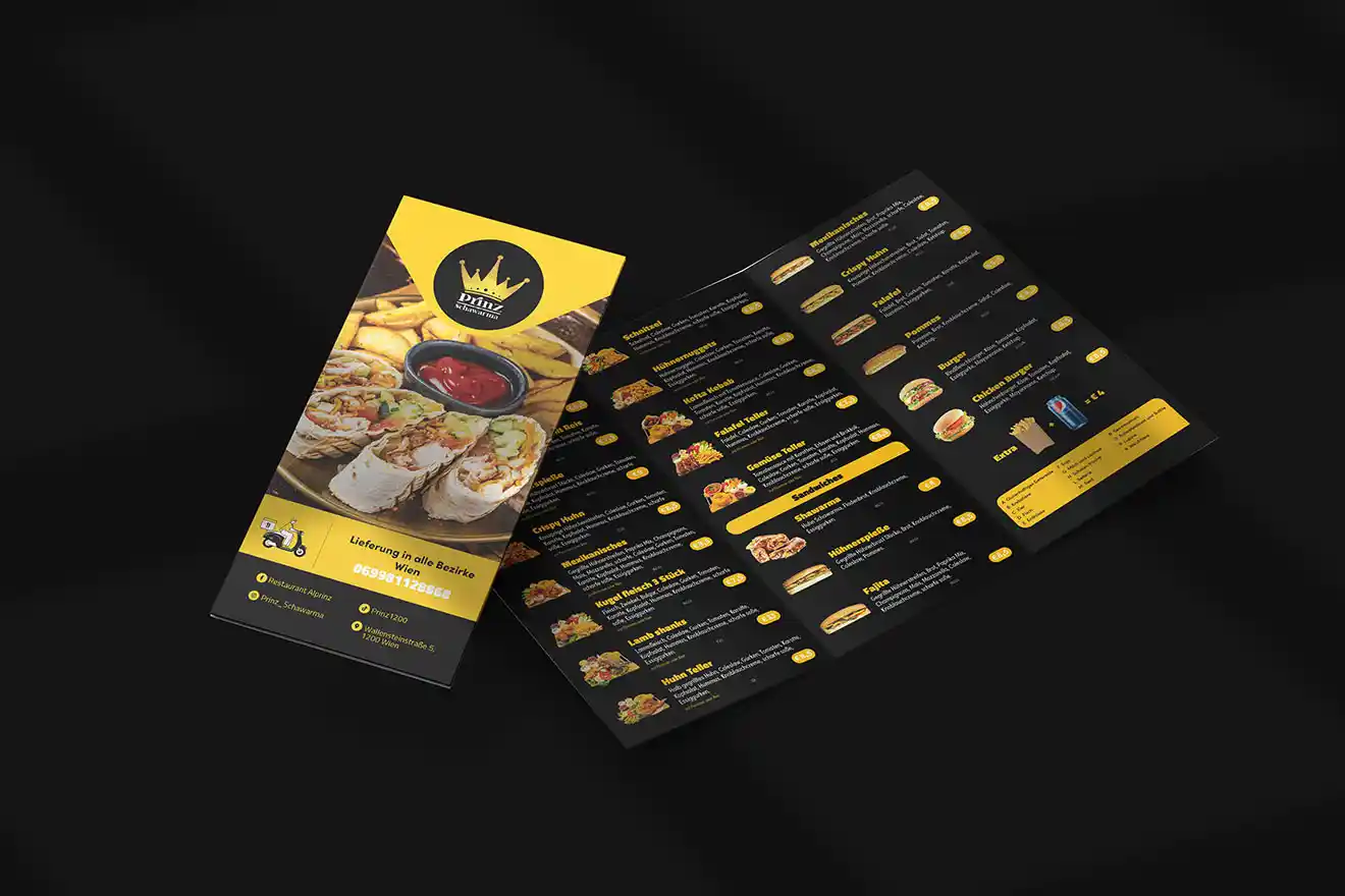 Prinz Schawarma restaurant menu cover and complete interior layout