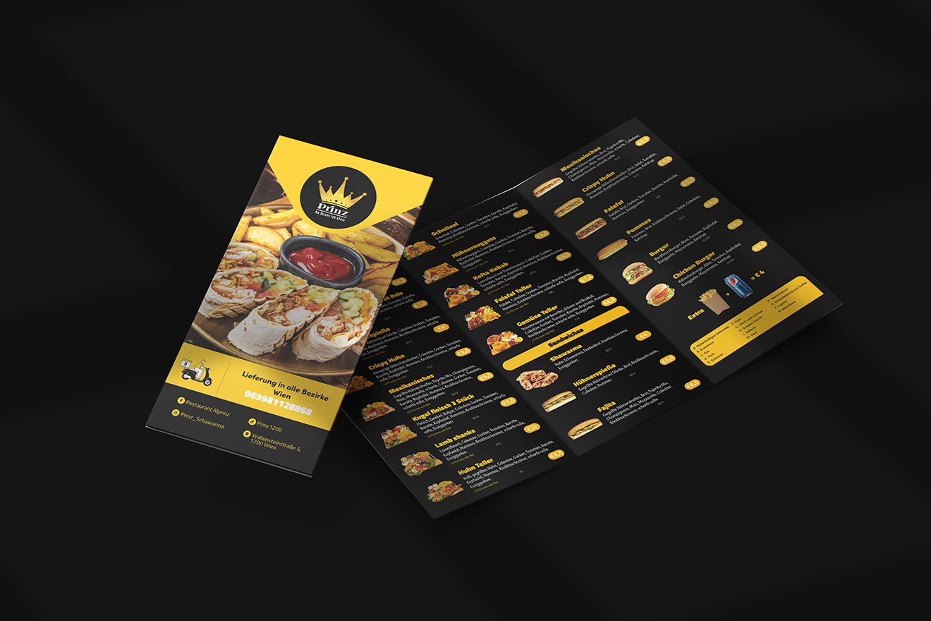 Alt Text: Prinz Schawarma food menu mockup with categories and prices