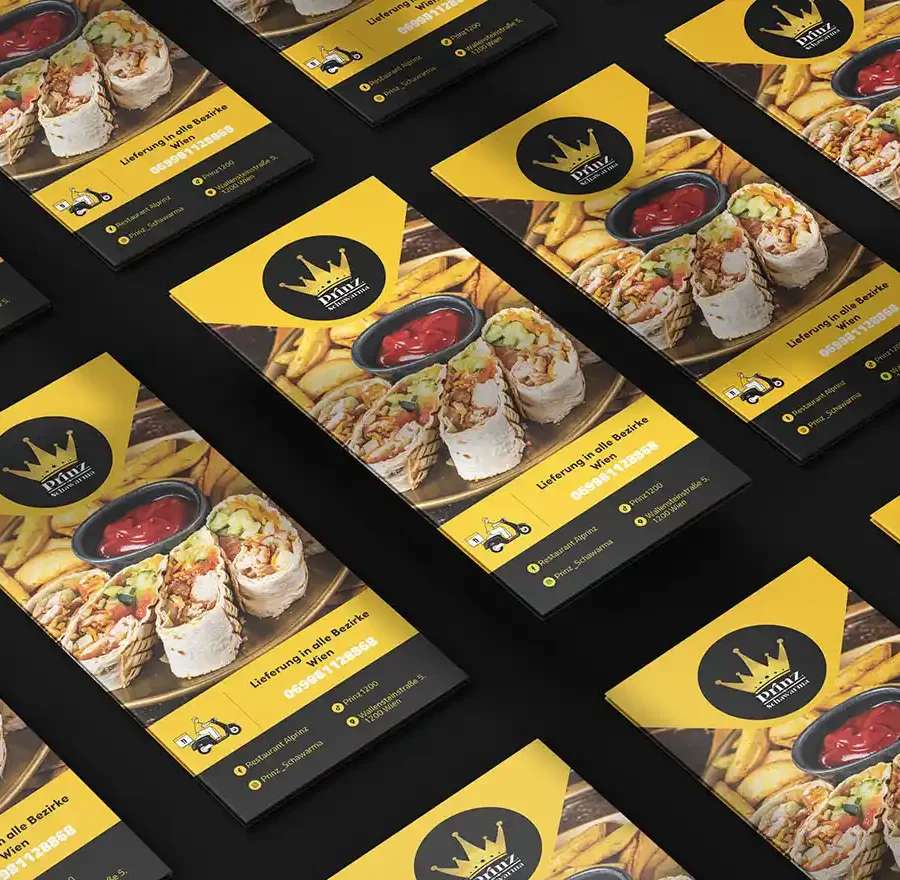 Prinz Schawarma folded takeaway menu design in black and yellow