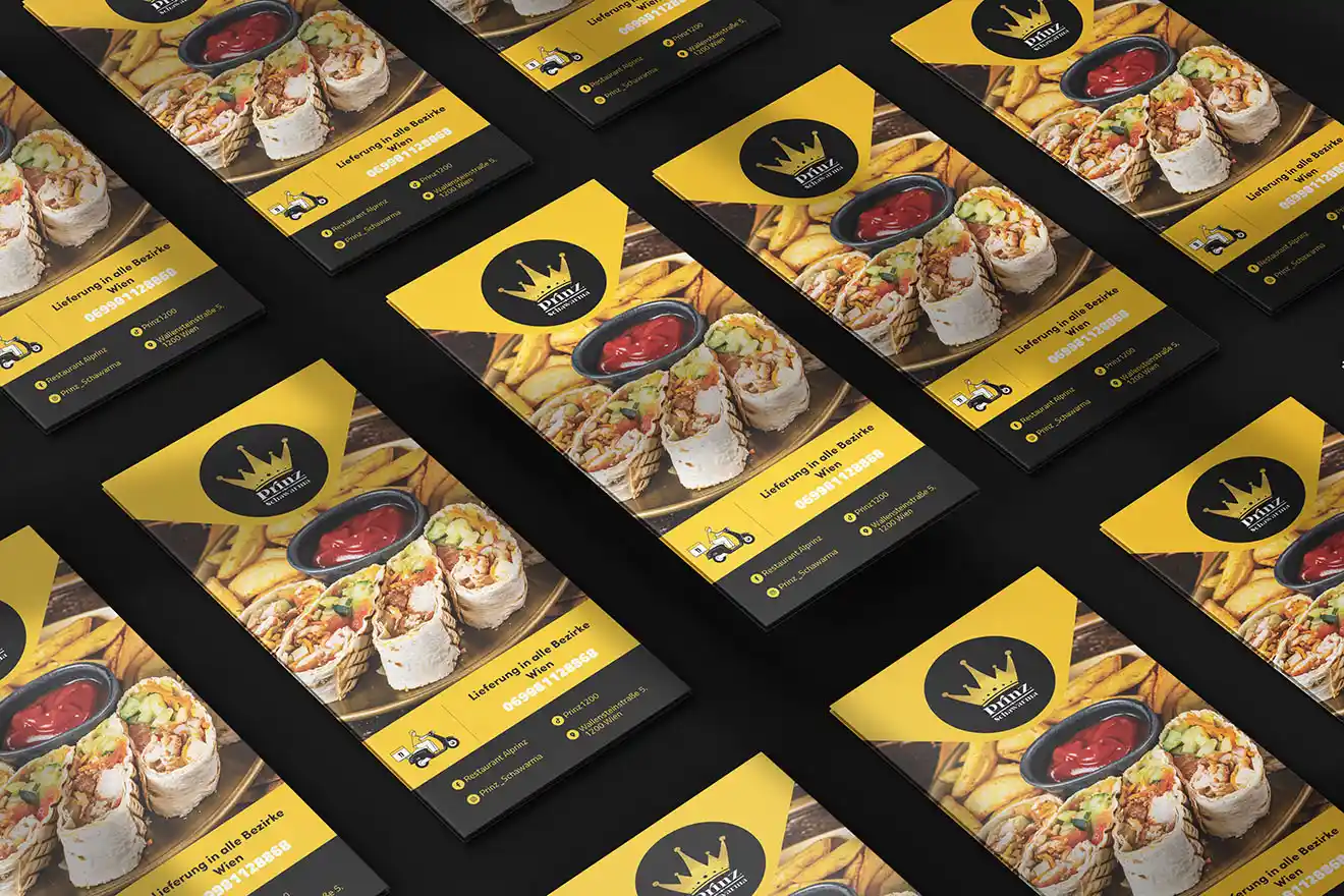Prinz Schawarma folded takeaway menu design in black and yellow