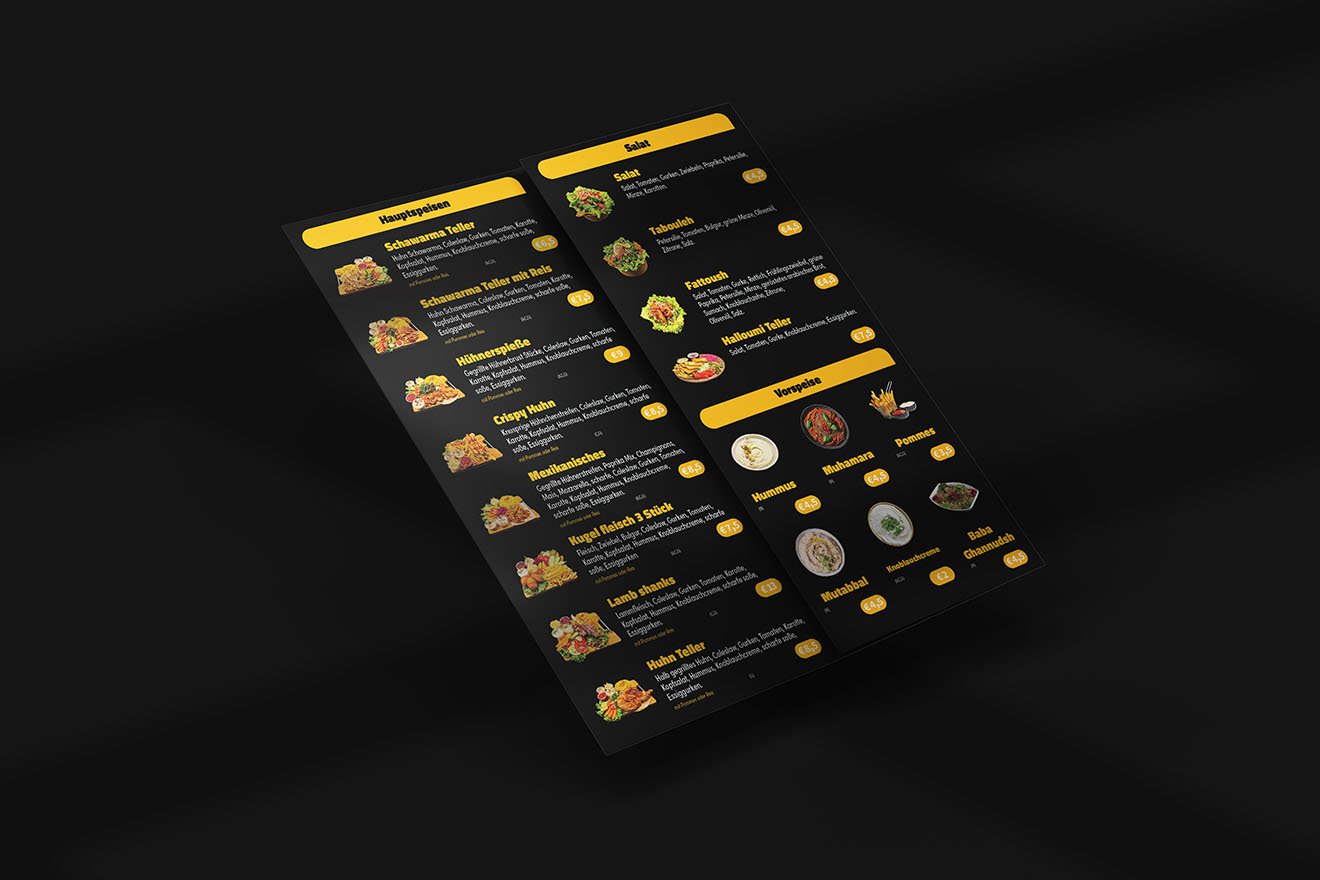Prinz Schawarma menu interior design with food items and prices