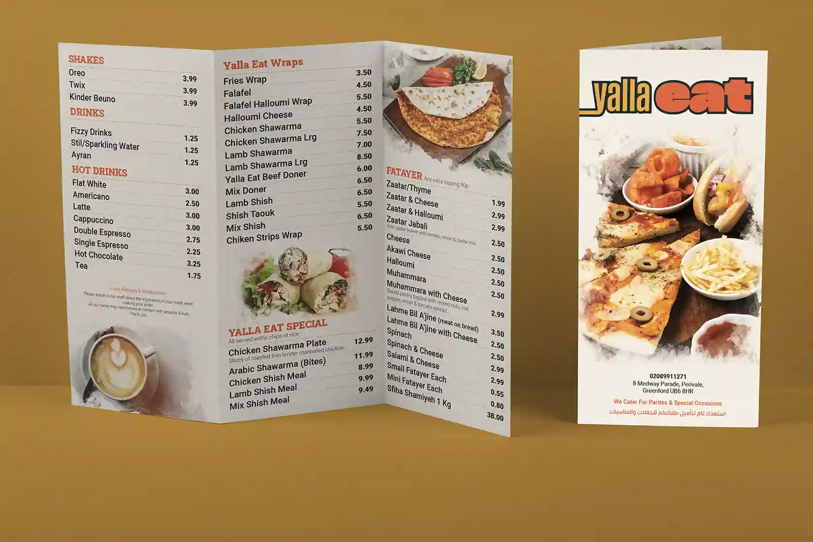 Yalla Eat folded restaurant menu shown open and closed