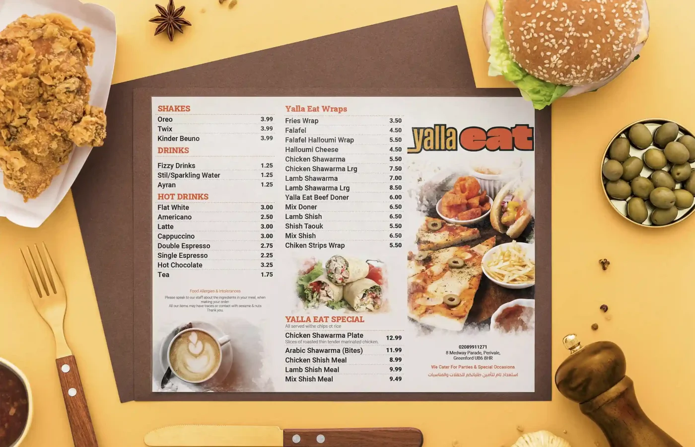 Yalla Eat folded takeaway menu design with food images