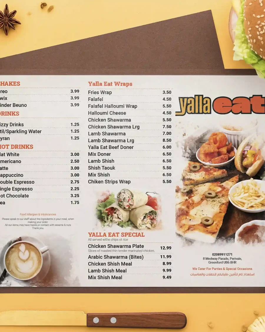 Yalla Eat folded takeaway menu design with food images