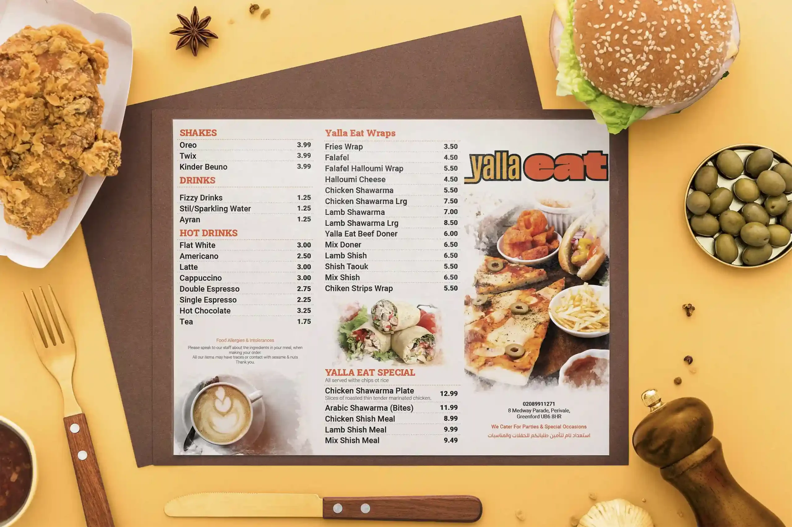 Yalla Eat folded takeaway menu design with food images