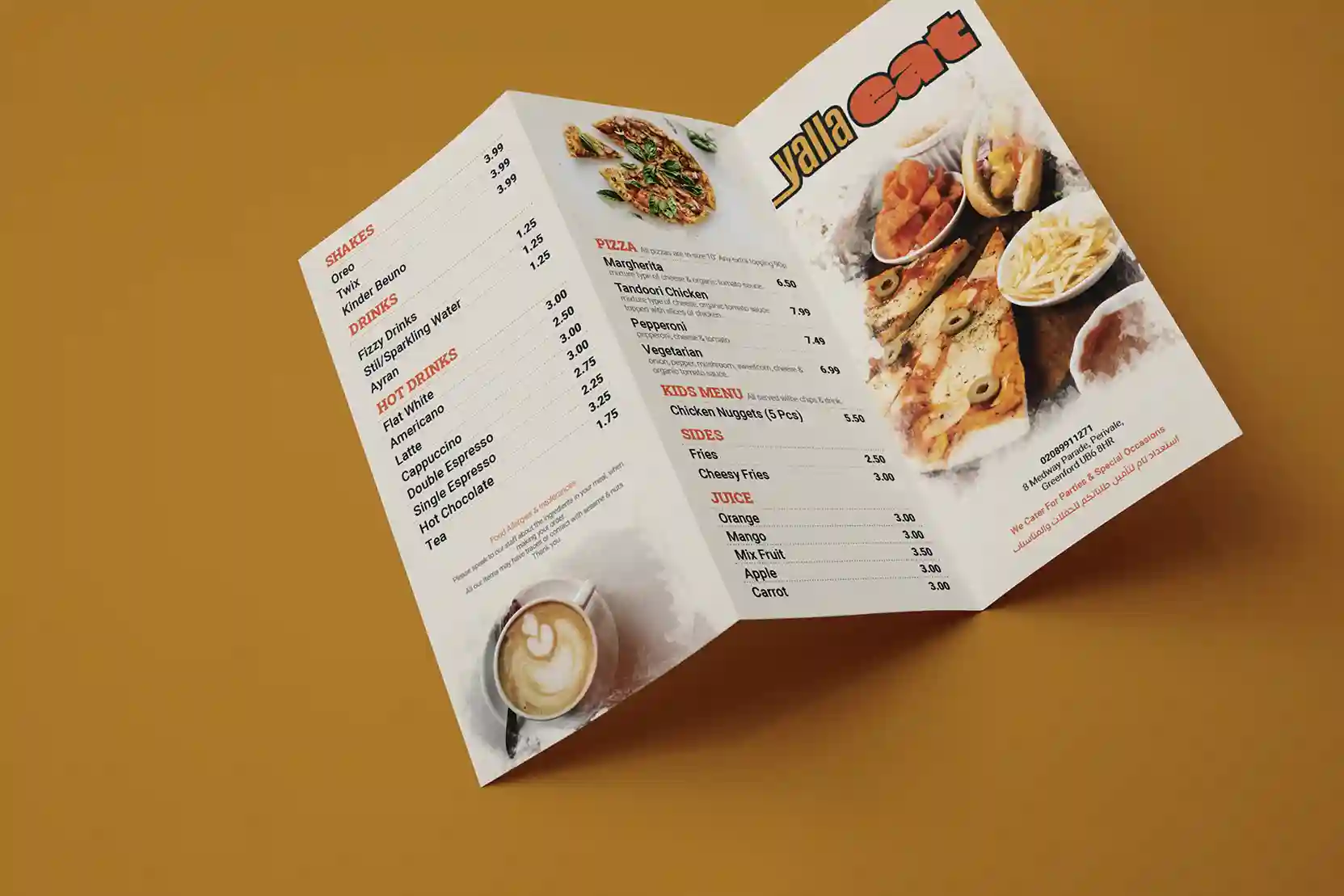 Folded Yalla Eat menu with food categories, item descriptions and prices